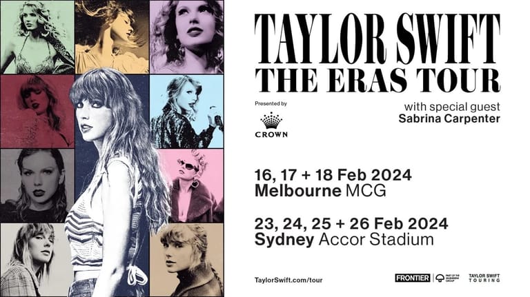 Taylor Swift promotional poster for The Eras Tour featuring multiple coloured portrait panels and tour dates for Melbourne and Sydney venues.