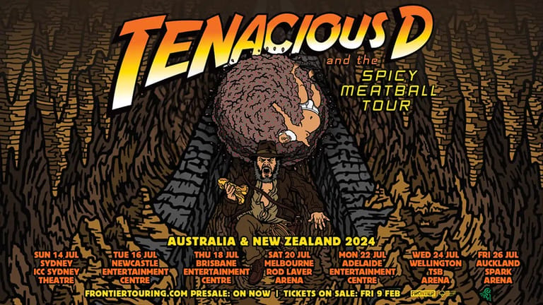 Tenacious D tour poster featuring a large eagle with spread wings against a dark textured background and tour dates across Australia and New Zealand.