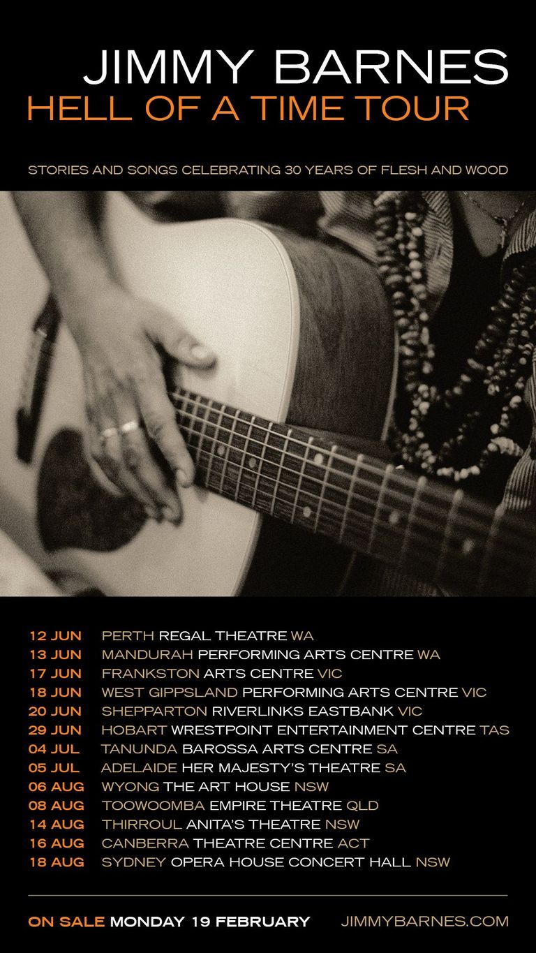 Musician holding an acoustic guitar adorned with beaded necklaces, promotional poster for Jimmy Barnes' Hell of a Time Tour.