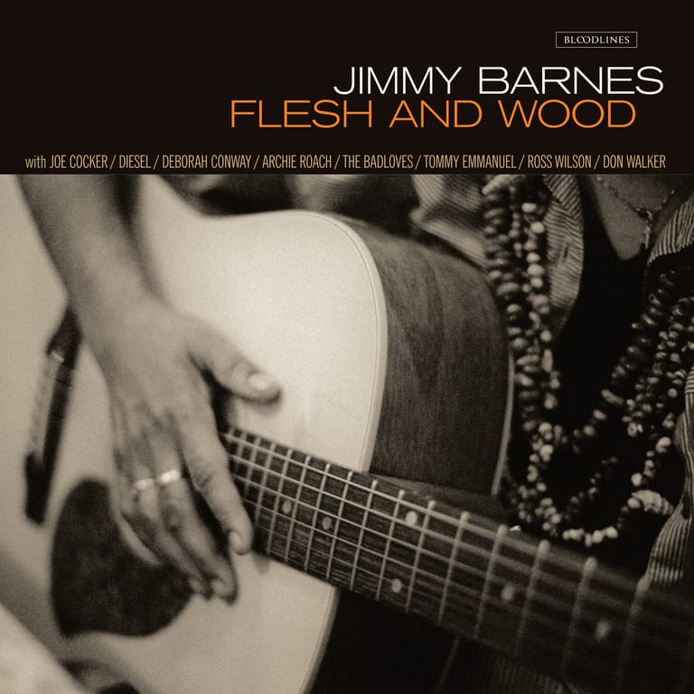 Hands positioned on an acoustic guitar neck in close-up black and white photograph for Jimmy Barnes' Flesh and Wood album.