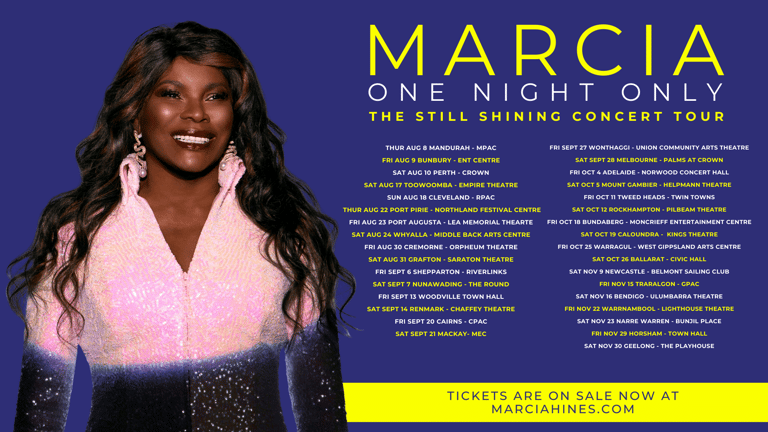 Woman with long dark hair smiling at camera wearing a pink and black outfit against a deep blue background with yellow tour text.
