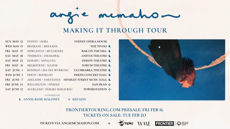 Angie McMahon tour poster featuring a close-up of hands holding a glowing object against a dark background.