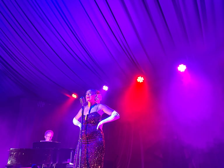 Singer in a dark sequined dress stands centre stage beneath purple and red spotlights during a theatrical performance.