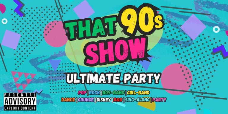 Colourful 90s-themed promotional graphic with bold typography and geometric shapes in turquoise, pink and yellow.