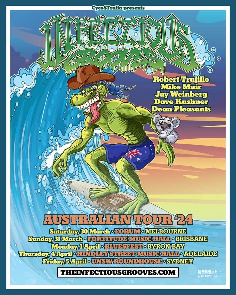 Cartoon character surfing on water wave with tour dates listed against colourful sky gradient background.