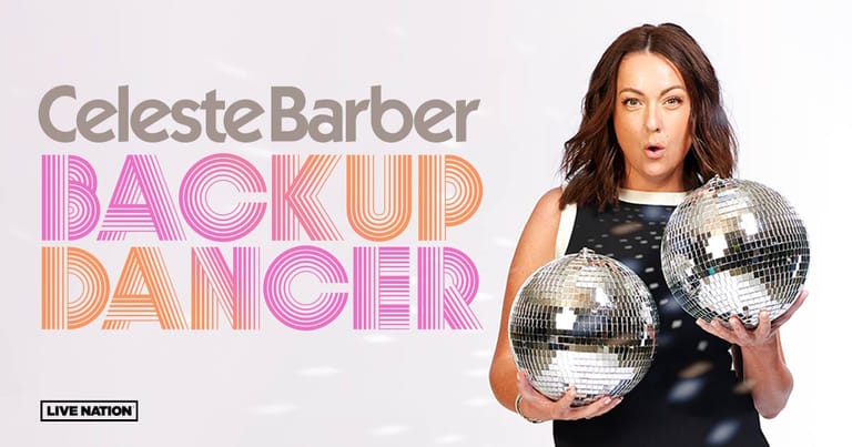 Celeste Barber holds two disco balls against a black sleeveless top, promoting her Back Up Dancer show.
