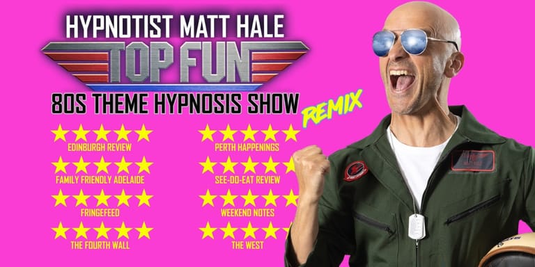 Hypnotist Matt Hale wearing 80s-style sunglasses and jacket against bright pink promotional poster with gold star ratings.