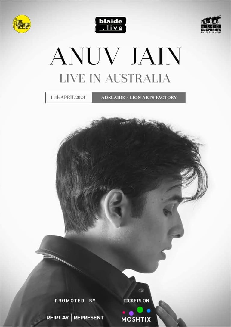 Profile portrait of performer Anuv Jain in black and white against a neutral background for a live Australia tour announcement.