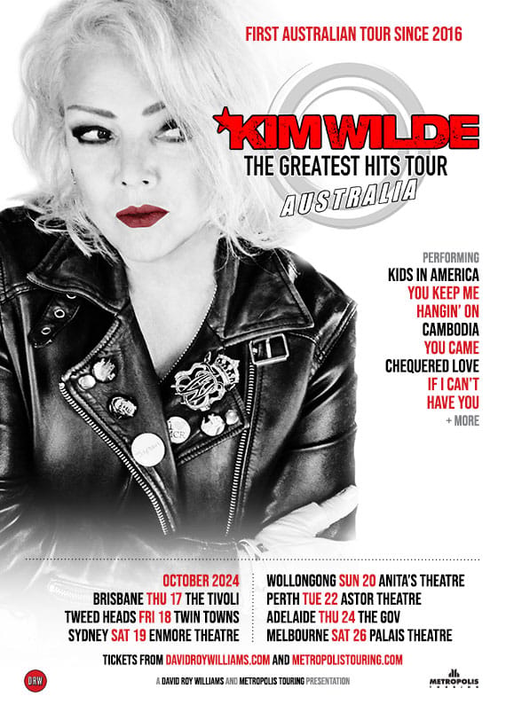 Monochrome portrait of performer in studded leather jacket with bold red lips, promoting greatest hits tour across Australian venues.