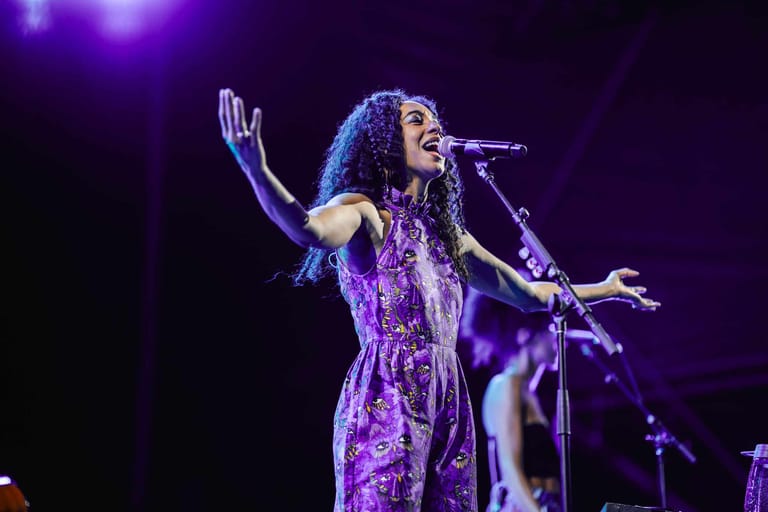 Singer with long dark hair performs in a shimmering purple dress under stage lighting.