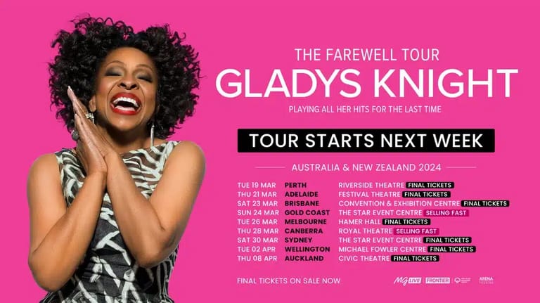 Gladys Knight smiles with hand to face against bright pink background promoting her farewell tour across Australia and New Zealand.