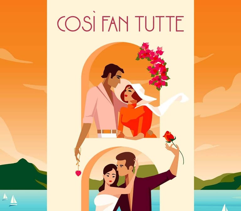 Poster for Così fan tutte featuring illustrated couples in warm tones against an orange and cream background.