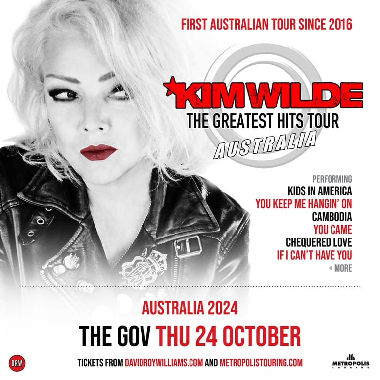 Stylised black and white portrait of Kim Wilde with glitchy colour overlay, promoting her Greatest Hits Tour of Australia in 2024.