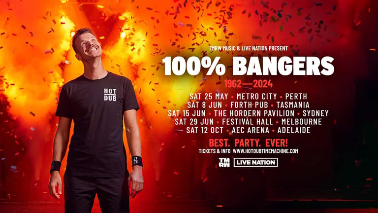 Man in black t-shirt stands against fiery orange and red explosion background with "100% Bangers" tour dates displayed.