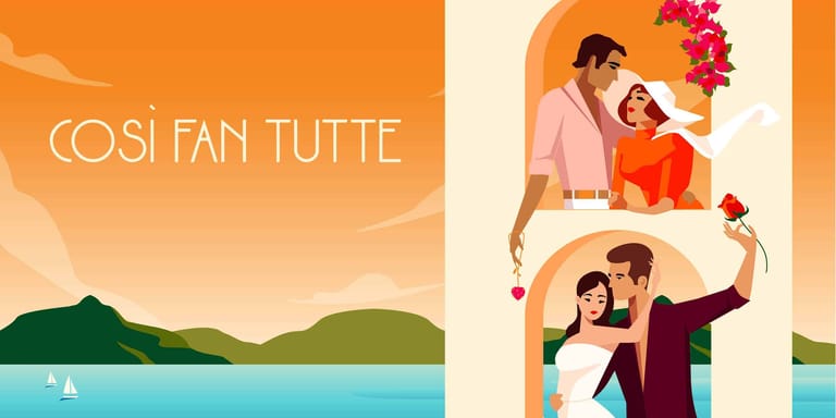 Illustrated poster for Così fan tutte featuring couples in warm peachy tones against a scenic landscape backdrop.