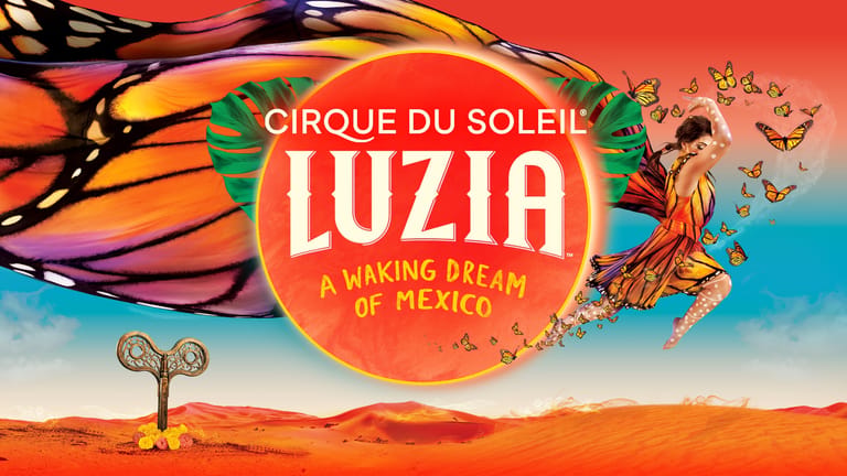 Colourful Cirque du Soleil Luzia promotional artwork featuring vibrant Mexican-inspired imagery against a desert landscape.