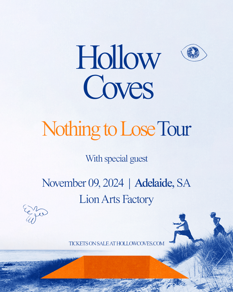 Hollow Coves tour poster featuring blue and orange text with silhouettes of people by water against a light blue background.