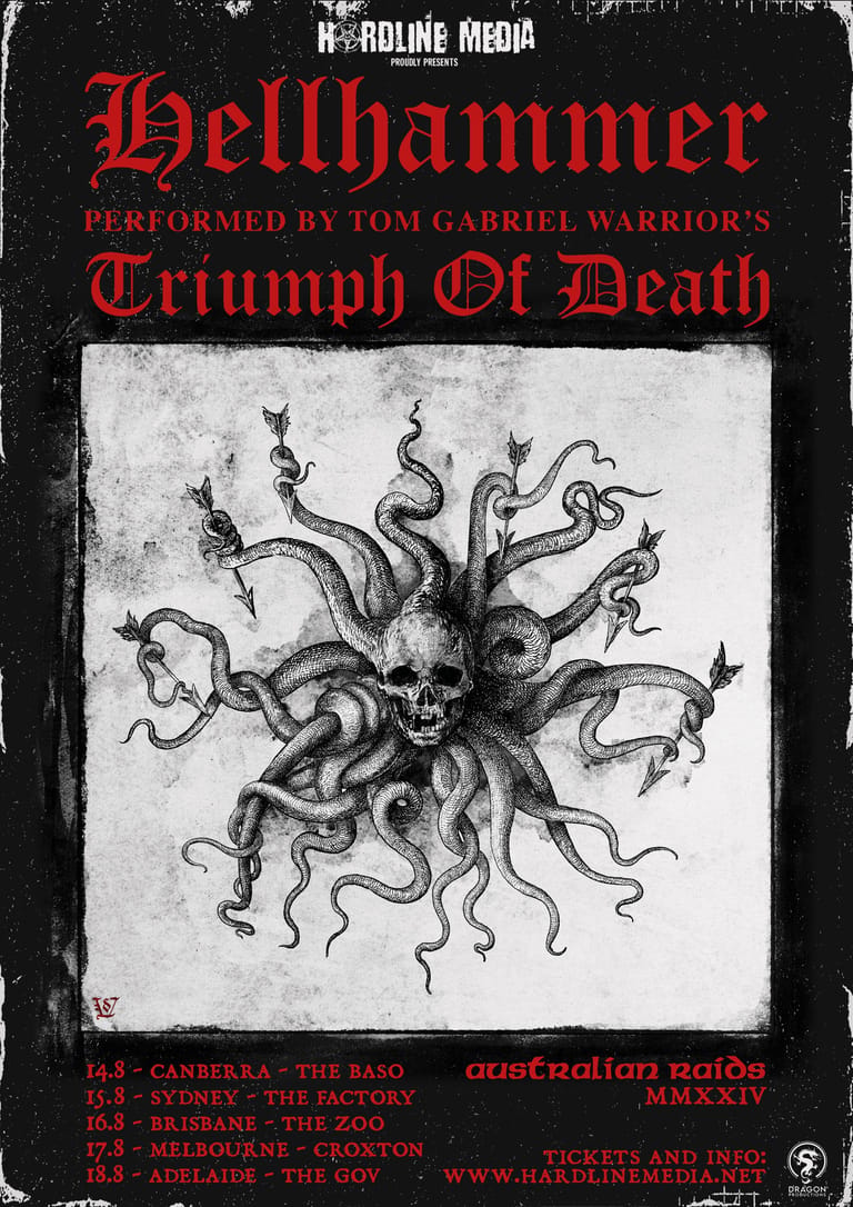 Hellhammer poster featuring a skull with serpentine tentacles in monochrome illustration against black background with red gothic lettering.