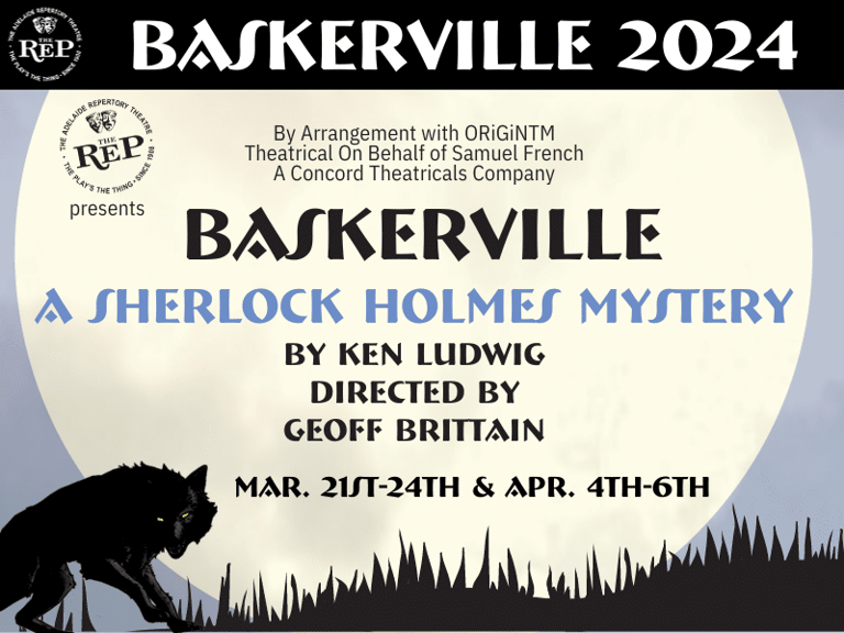 A Sherlock Holmes mystery theatrical poster featuring a black cat silhouette against a full moon with pine trees.