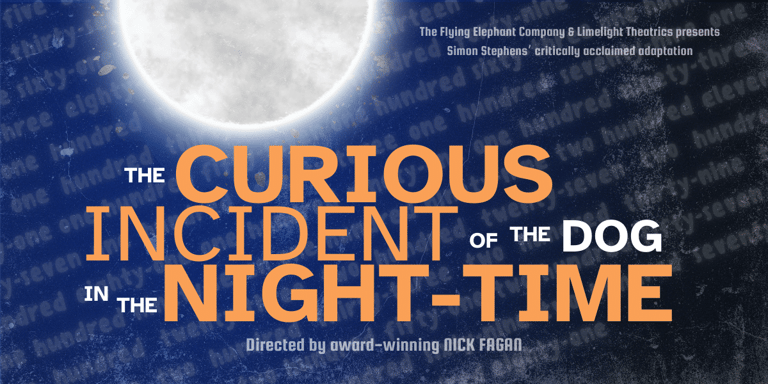 Title card for "The Curious Incident of the Dog in the Night-Time" with large orange and white text against a starry blue background and glowing moon.