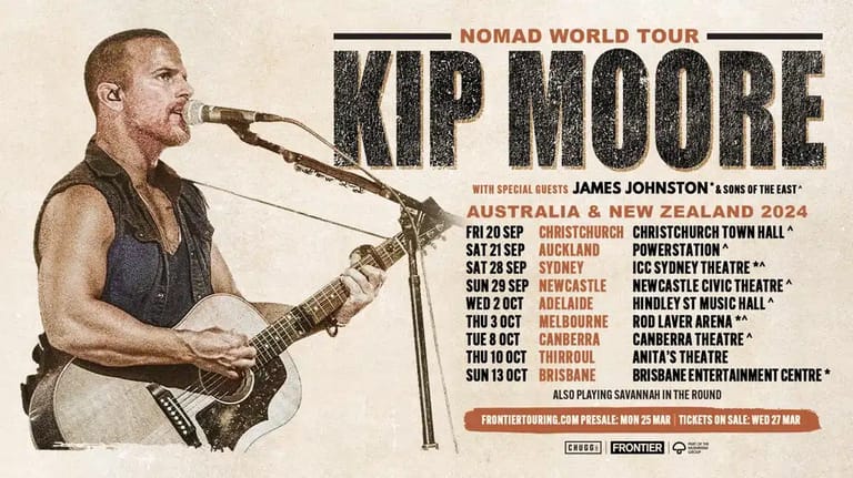 Musician with blonde hair performing at microphone wearing sleeveless top, Nomad World Tour promotional poster.