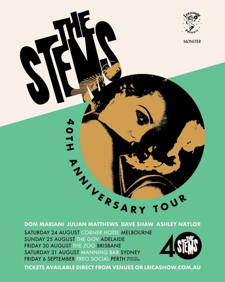 The Stems tour poster features stylised artwork of a woman's face in sepia tones with bold black typography and mint-green geometric design elements.