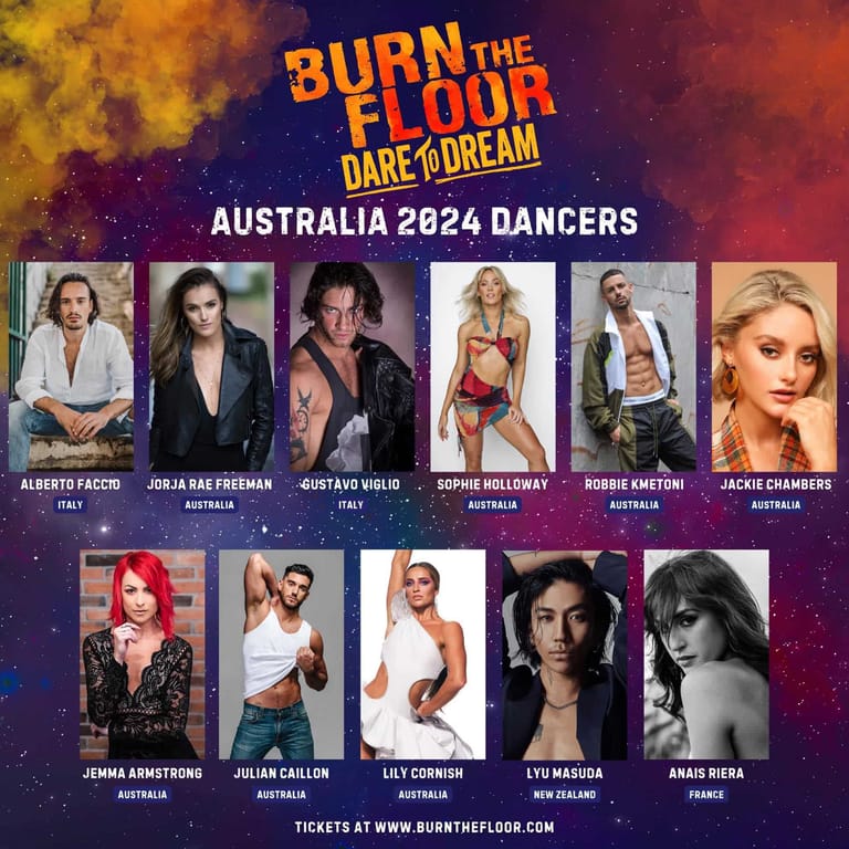 Promotional poster for "Burn the Floor: Dark Dream" Australia 2024 dancers featuring headshots of eleven performers against a fiery orange and purple background.