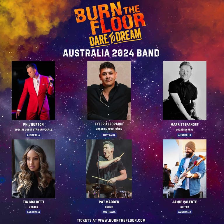 Burn the Floor Dare to Dream Australia 2024 band promotional grid featuring six performers in stage attire against a cosmic background.