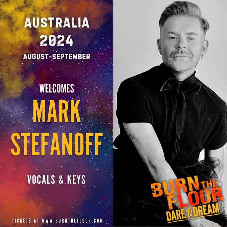 Man in black shirt with styled hair against colourful nebula-themed tour poster advertising Australia 2024 dates.