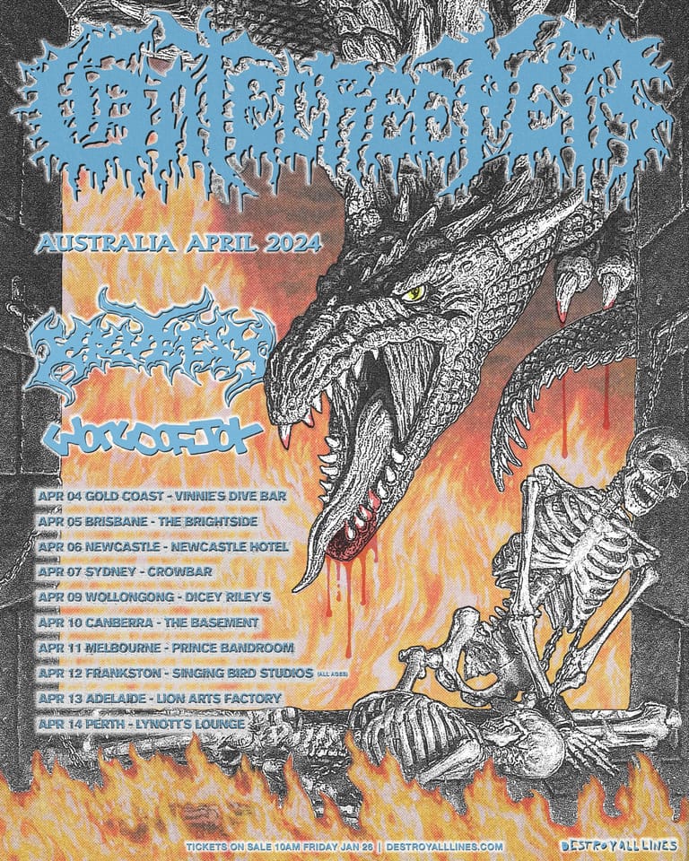 Screamo band tour poster featuring a skeletal creature surrounded by flames and tour dates across Australia in April 2024.