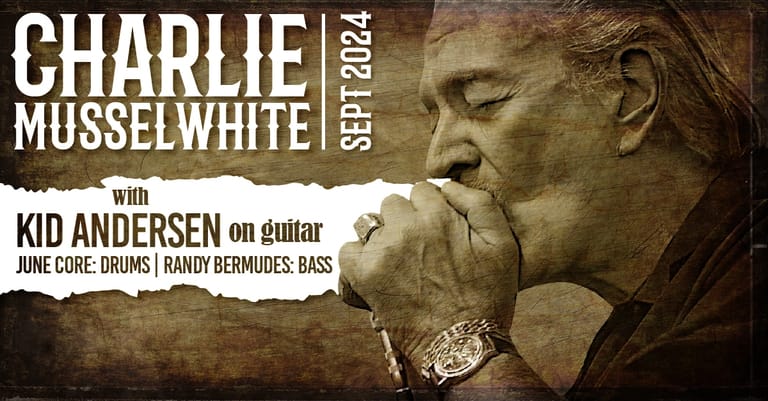 Musician playing harmonica in close-up profile, with tour date and collaborator credits overlaid.