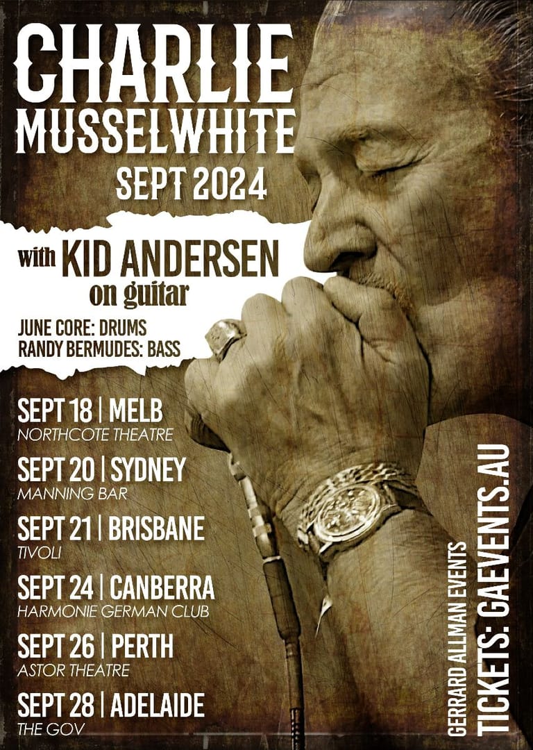 Close-up profile of blues harmonica player mid-performance, eyes closed, with tour dates listed for September 2024 across Australian cities.