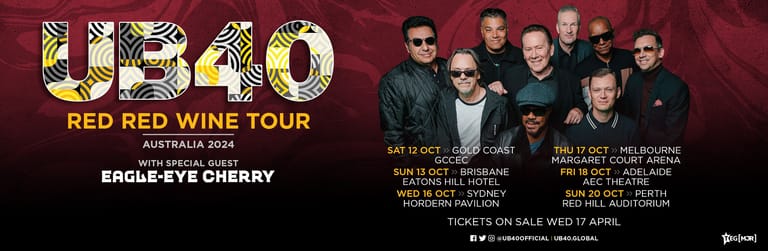 UB40 band members posed together against a red background promoting their Red Red Wine Tour of Australia.