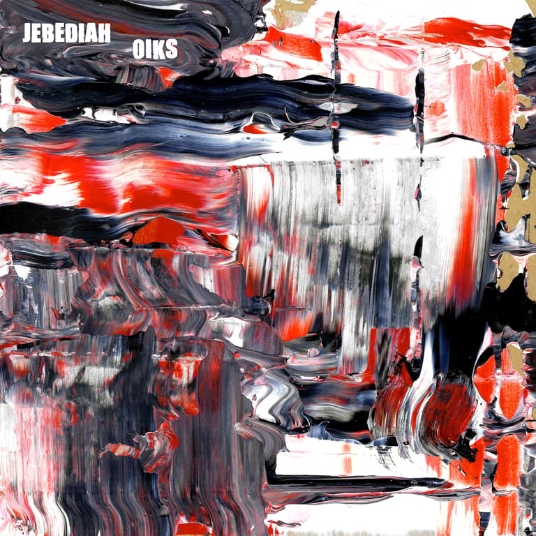 Abstract painting with bold red, black and white brushstrokes creating dynamic vertical and horizontal movement across canvas.