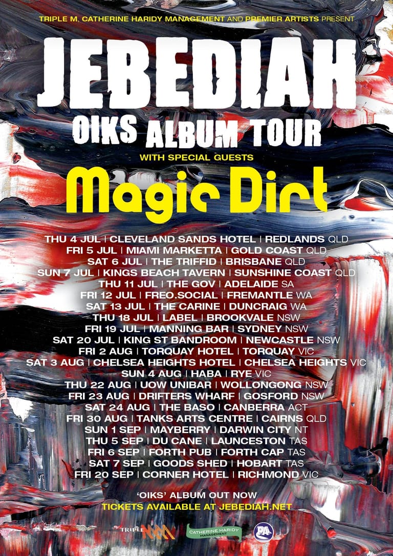 Jebediah and Magic Dick tour poster displaying dates and venues across Australian cities on a coloured abstract background with large white and yellow text.