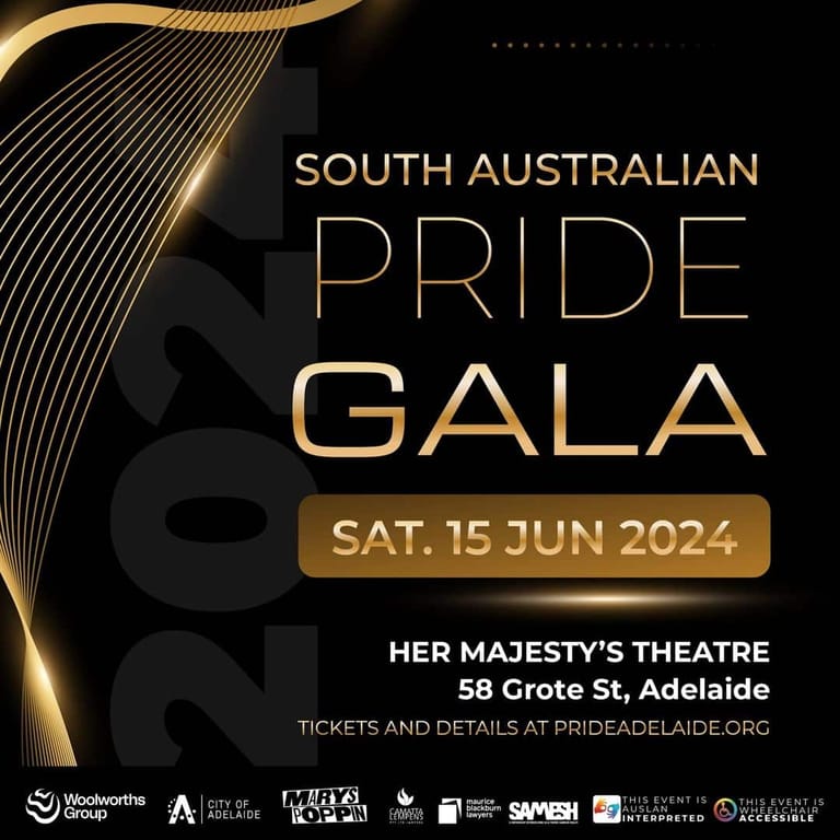 South Australian Pride Gala promotional poster featuring gold text and curved lighting design on black background.