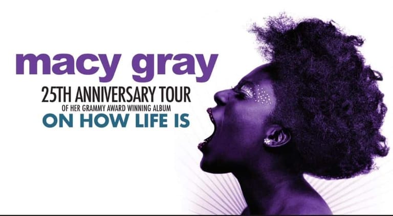 Profile silhouette of a person in purple lighting against white background with tour text.