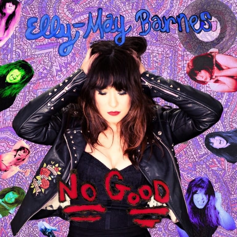 Person in black leather jacket with dark hair styled with cat ears against purple glittery background with "Elly May Barrios" text and surrounding portraits.