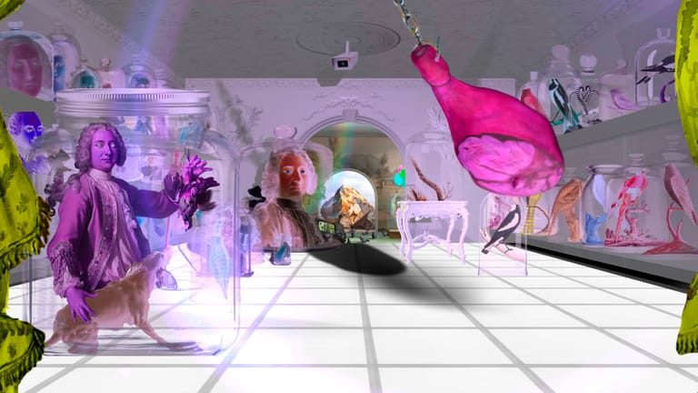 Vibrant exhibition space with neon pink and purple lighting features suspended sculptural forms and interactive installations.