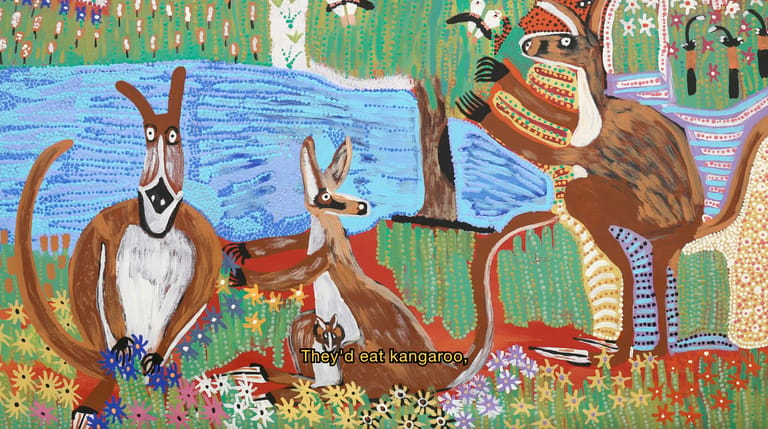 Colourful painted mural featuring stylised kangaroos and native Australian animals against a blue water backdrop.