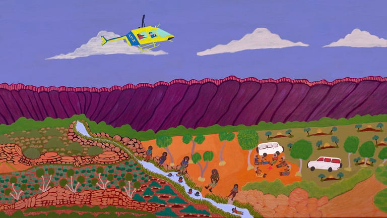 Animated landscape with a yellow helicopter flying over rolling purple hills, farmland, and a winding river below.