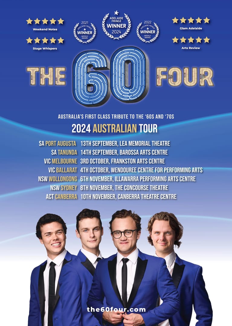 Four men in matching blue suits and dark ties stand against a blue background advertising The 60 Four's 2024 Australian tour dates.