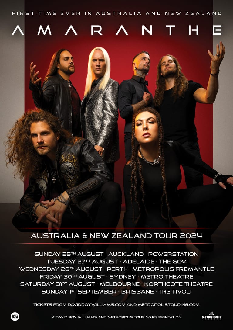 Six members of symphonic metal band Amaranthe posed against a red backdrop for their Australia and New Zealand tour promotional image.