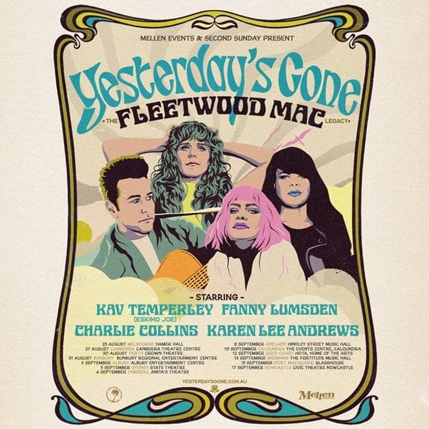 Vintage film poster for Fleetwood Mac's "Yesterday's Gone" featuring four band members with 1970s styling and ornate decorative border.