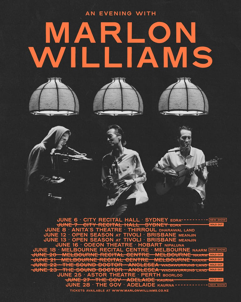 Three musicians perform on stage during An Evening with Marlon Williams tour promotional poster.