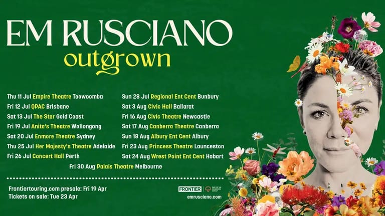 Woman's face half-covered with colourful flowers against green background for Em Rusciano's Outgrown theatre tour.