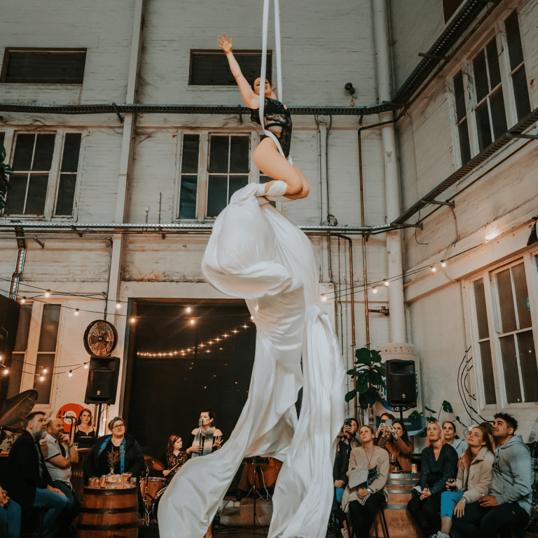 Aerial silks performer suspended in flowing white fabric above a seated audience in an industrial venue.