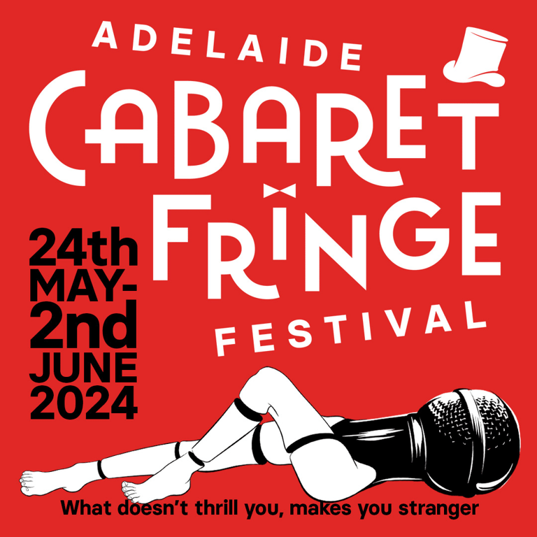 Adelaide Cabaret Fringe Festival poster featuring stylised illustration of performer's legs and microphone on red background.