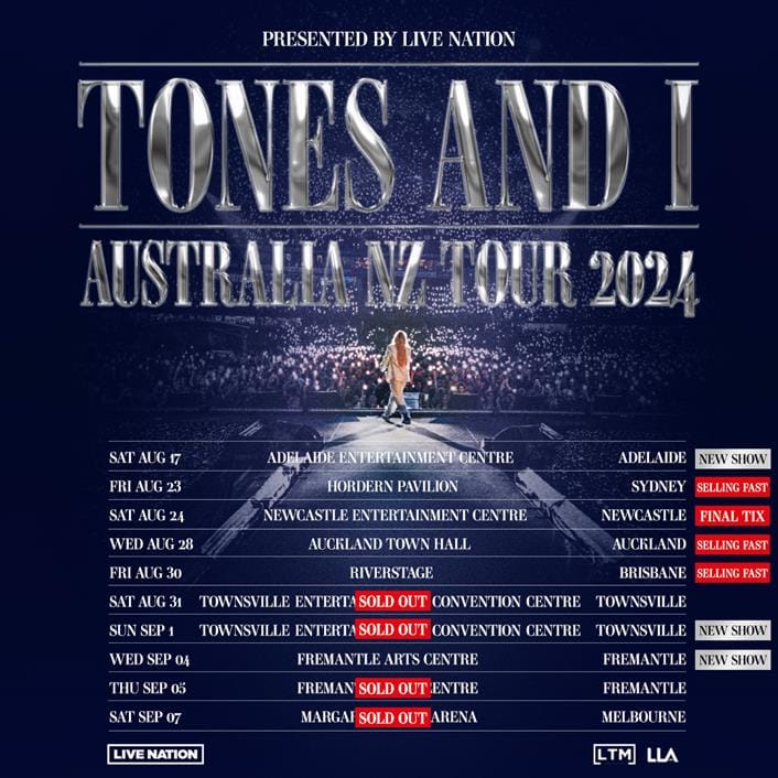 Tour poster for Tones and I's 2024 Australian tour shows dates and venues across multiple cities against a dark background.