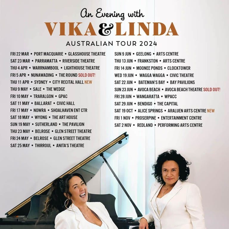 Two women at a grand piano during an Australian tour promotion for Vika and Linda.